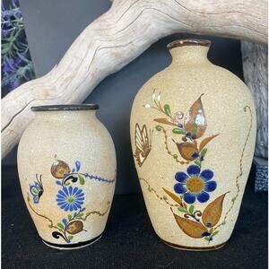 Set of 2 Mexican Mid 20th Century Sand Finish Pottery Vases. Hand painted.